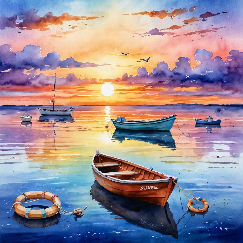 A serene coastal scene depicting a small boat gently floating on calm waters, surrounded by various marine insurance symbols like paper boats, anchors, and life rings. The sky reflects a beautiful sunset, symbolizing hope and guidance for travelers. Include gentle waves to signify navigation through challenges, with vibrant colors to evoke a sense of adventure. watercolor painting. vibrant colors. peaceful atmosphere.