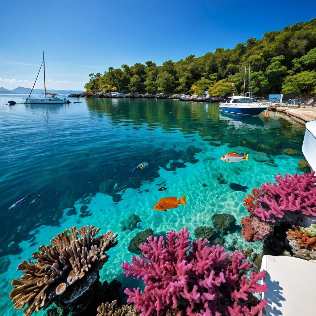 A serene coastal scene featuring a diverse range of marine life, such as colorful fish and vibrant corals, alongside a sleek, well-equipped boat anchored in crystal-clear waters. In the background, a calm harbor with friendly sailors and marina facilities suggests a sense of community and safety. The composition should convey a feeling of tranquility, protection, and adventure, highlighting both marine beauty and responsible boating practices. super-realistic. vibrant colors. white background.